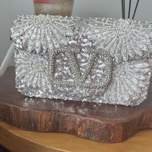 Silver Sequin Floral Beaded Crossbody Bag